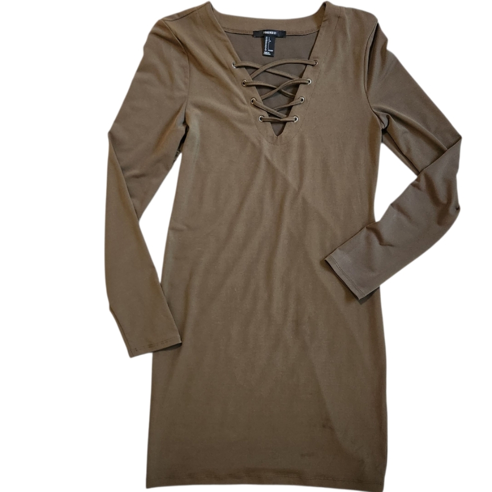 Forever 21 Dark Green Lace-Up Long Sleeve Dress Large - Picture 1 of 7